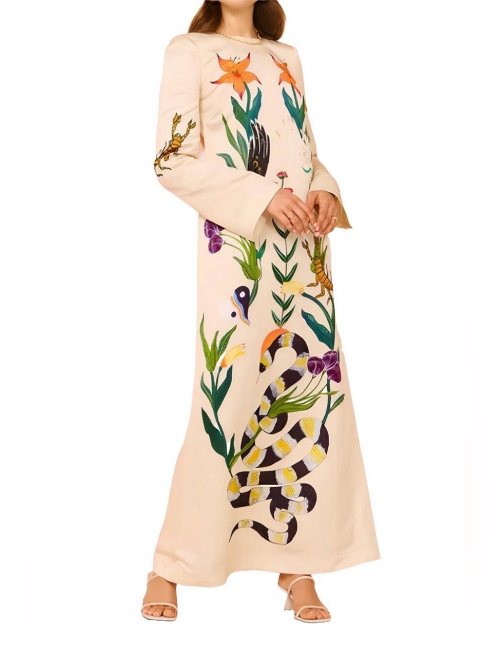 Cream Maxi Dress with Botanical & Serpent Print